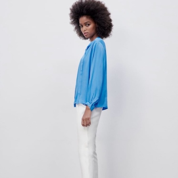 Zara Satin Bow Tie V-Neck Long Sleeve Button Up Blouse Chic | Sky Blue | Medium - Picture 4 of 11